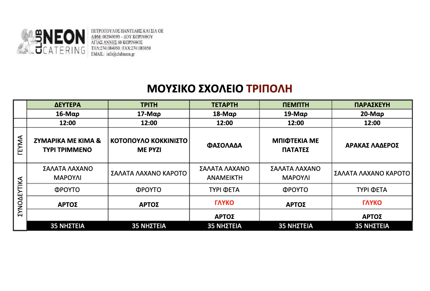 Πρόγραμμα φαγητού από 26 έως 30 Ιανουαρίου 2026