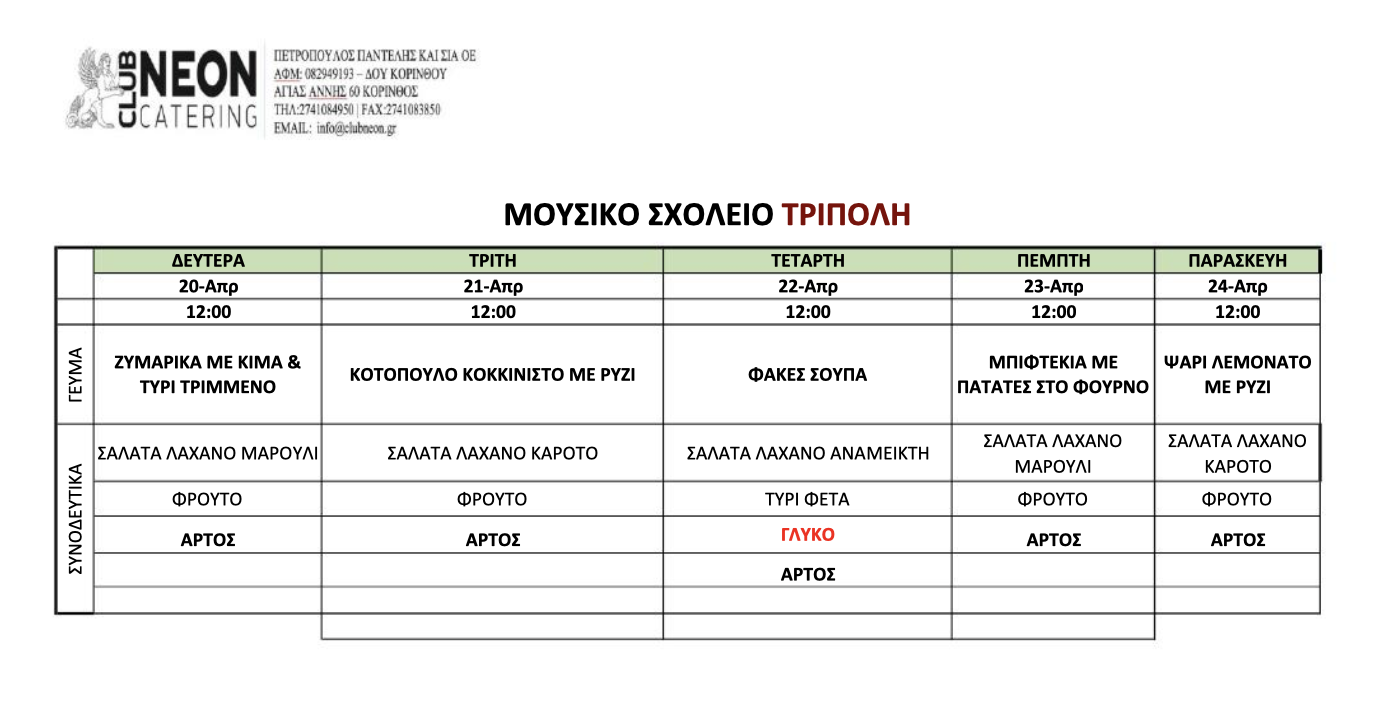Πρόγραμμα φαγητού από 26 έως 30 Ιανουαρίου 2026