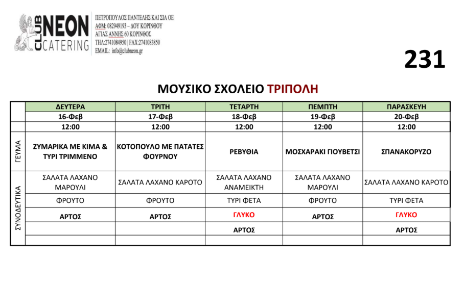 Πρόγραμμα φαγητού από 26 έως 30 Ιανουαρίου 2026